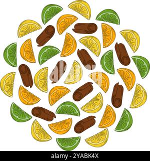 Zitrus- und Zimtstäbchen Bunte runde Hintergrundstruktur in trendigen hellen Tönen. Hintergrund-Idee. Isolierte Vektor-Illustrationskarten, Poster, Faltblätter, Banner, Broschüren, Preis, Etikett oder Web-Aktion Stock Vektor