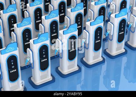 3D-Rendering-Gruppe von EV-Ladestationen oder Ladestationen für Elektrofahrzeuge Stockfoto
