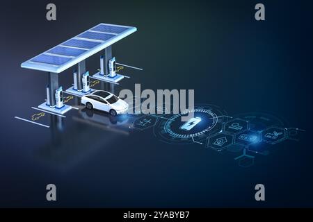 3D-Rendering-EV-Ladestationen oder Ladestationen für Elektrofahrzeuge mit Sonnendach und digitaler grafischer Anzeige Stockfoto