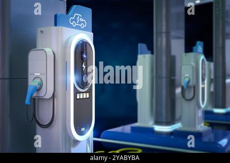3D-Rendering-Gruppe von EV-Ladestationen oder Ladestationen für Elektrofahrzeuge Stockfoto