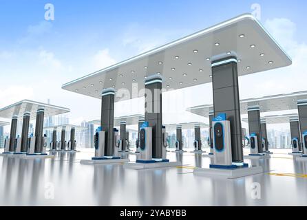 3D-Rendering-Gruppe von EV-Ladestationen oder Ladestationen für Elektrofahrzeuge mit Dach Stockfoto