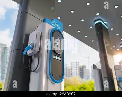 3D-Rendering-Gruppe von EV-Ladestationen oder Ladestationen für Elektrofahrzeuge mit Dach Stockfoto