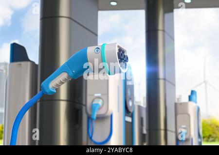3D-Rendering EV-Ladestationen konzentrieren sich auf den Stecker oder den Anschluss des Ladegeräts Stockfoto