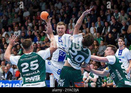 Goeppingen, Deutschland. Oktober 2024. - Frisch auf Goeppingen vs. VFL Gummersbach, Handball, 1. Bundesliga, 6. Spieltag, 2024/2025, 12.10.24, Eibner-Pressefoto/Andreas Ulmer Credit: dpa/Alamy Live News Stockfoto