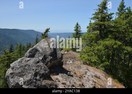 Schmaler Wanderweg schlängelt sich entlang des Bergrückens und um zwei Felsbrocken, umgeben von Kiefern bedeckten Bergen, die in der Ferne verschwinden. Stockfoto