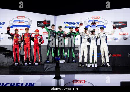 19 PERERA Franck (fra), PEPPER Jordan (zaf), BORTOLOTTI Mirko (ita), Iron Lynx Lamborghini, Huracan GT3 EVO2, 23 GUNN Ross (gbr), RIBERAS Alex (esp), DE ANGELIS Roman (CAN), Heart of Racing Team, Aston Martin Vantage GT3 Evo, 62 SERRA Daniel (BH), RIGON Davide (ita), PIER GUIDI Alessandro (ita), CALADO James (gbr), Risi Competizione, Ferrari 296 GT3, Podium beim Motul Petit Le Mans 2024, 11. Runde der IMSA Sportscar Championship 2024, vom 10. bis 12. Oktober 2024 auf der Michelin Raceway Road Atlanta in Braselton, Georgia, USA - Foto Joao Filipe/DPPI Stockfoto