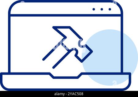 Laptop mit Hammer drauf. Software-Entwicklung und Computerreparatur. Programmierung, technische Innovationen. Pixelperfektes, bearbeitbares Konturvektorsymbol Stock Vektor