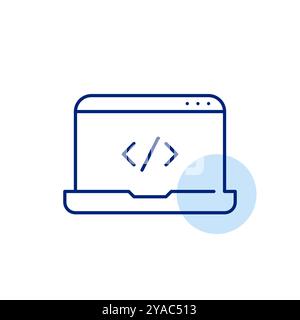 Laptop-HTML-Arbeitsbereich für Codierung unterwegs. Webdesign und Frontend-Entwicklung. Fernarbeit. Pixelperfektes, bearbeitbares Konturvektorsymbol Stock Vektor
