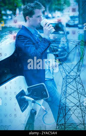 Virus Hintergrund gegen den Abend Strom pylon Silhouette Stockfoto