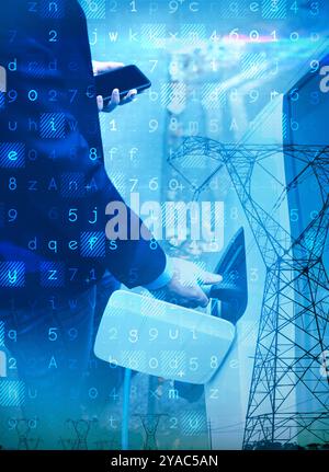 Virus Hintergrund gegen den Abend Strom pylon Silhouette Stockfoto