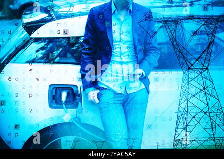 Virus Hintergrund gegen den Abend Strom pylon Silhouette Stockfoto