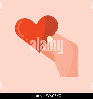 Die Hand hält das rote Herz als Symbol für Liebe, Fürsorge und Unterstützung. Symbol "Freiwilliger". Wohltätigkeit, Spende, freiwillige Hilfe und Solidaritätskonzept Stock Vektor
