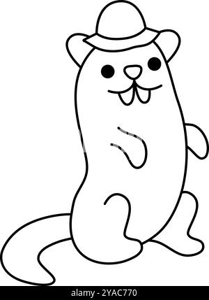 Vektor-Schwarz-weiß-Gopher in Hut-Symbol. Karikaturarcheologe Tierklipart. Historische Dinosaurier-Grabungen oder Ausgrabungen Wissenschaftler oder Entdecker Line illu Stock Vektor