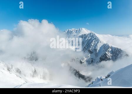 Zlomiskova veza, Koncista, Gerlachovsky Stit und Zadny Gerlach vom Gipfel Patria in der Hohen Tatra in der Slowakei bei teilweise bewölktem Sieg Stockfoto