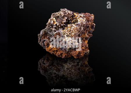 Grüner Mimetit mit langgestrecktem pyramidalgelbem Wulfenit. Exemplar aus der Ojuela Mine, Mapimi, Mexiko. Fotografie isoliert auf schwarzem Hintergrund. Makro d Stockfoto
