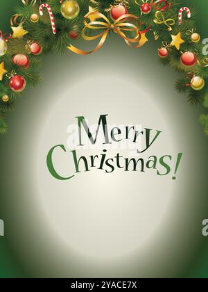 Frohe weihnachten! Dies ist ein festliches Bild mit grünem Hintergrund und grünem Band. Das Band ist mit Zuckerstangen und anderen Ornamenten verziert. Die Stock Vektor