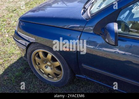 Detail eines blau abgestimmten Sportwagens, der auf Gras geparkt ist und Vorderrad und Scheinwerfer zeigt Stockfoto