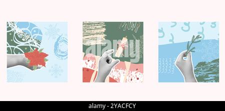 Weihnachtscollage-Banner mit Händen, die Kiefernzweig, Weihnachtsstern und einer Kerze halten. Winterkarten mit Schriftzeichen. Vektorhandzeichnung Stock Vektor