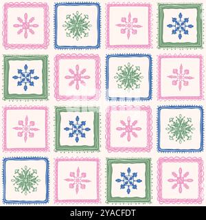 Nahtloses Muster mit Schneeflocken-Fliesen. Winter endloser Hintergrund. Weihnachten Preppy Repeat Cover. Weihnachtsmotiv mit Oberflächenmuster. Vektor Hand gezeichnet flach i Stock Vektor