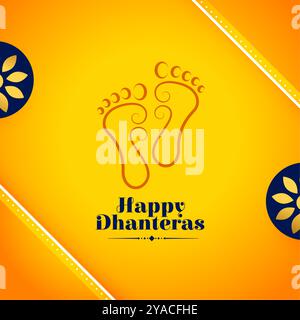 hinduistische traditionelle glückliche Dhanteras gelber Hintergrund mit Göttin charan Design Vektor Stock Vektor