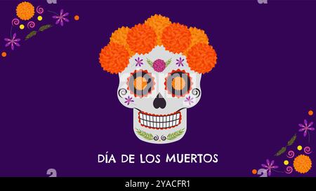 Tag des Todes. Dia De Los Muertos. Traditioneller mexikanischer Feiertag zu Ehren der Seelen des Verstorbenen. Zuckerschädel mit Ringelblumen verziert. Entwerfen Sie Postkartenbanner. Vektor. Stock Vektor