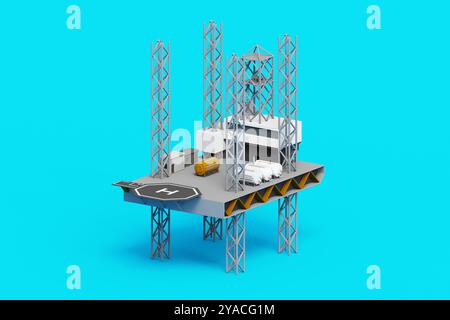 3D-Illustration einer Meeresplattform zur Gewinnung von Rohöl auf einem einfachen blauen Hintergrund. Vollmetall-Offshore-Plattform mit technischen Gebäuden und Hubschrauberlandeplatz Stockfoto