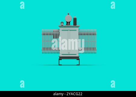 3D-Rendering eines industriellen Stromtransformators, isoliert auf einem einfachen Hintergrund. Sie zeigt die detaillierten baulichen und technischen Aspekte Stockfoto