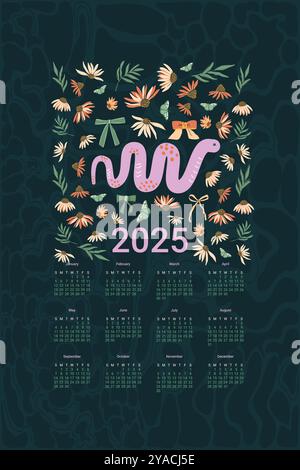 Kalender 2025 mit süßer Schlange und Gänseblümchen. Vertikales Banner mit dem Symbol des Jahres und dem Coneflowerdruck. Vektor-dunkle Illustration Stock Vektor