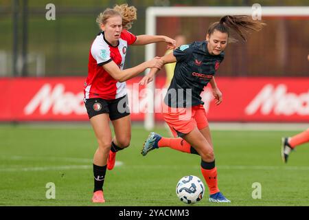 ROTTERDAM, NIEDERLANDE - 13. OKTOBER: Lotje de Keijzer vom FC Utrecht kämpft am 13. Oktober 2024 im Sportkomplex Varkenoord im Azerion Vrouwen Eredivisie Spiel zwischen Feyenoord und FC Utrecht gegen Jarne Teulings aus Feyenoord. (Foto: Hans van der Valk/Orange Pictures) Stockfoto