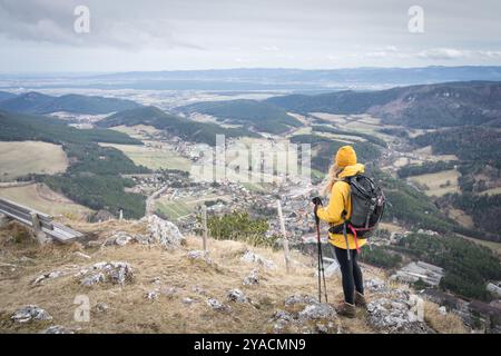 Weibliche Wanderer genießt den Panoramablick auf das Tal unten vom Berggipfel, Österreich, Europa Stockfoto