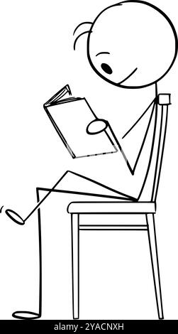Person, die Buch liest, während sie auf dem Stuhl sitzt, Vektor-Zeichentrickstab-Figur oder Charakterillustration. Stock Vektor