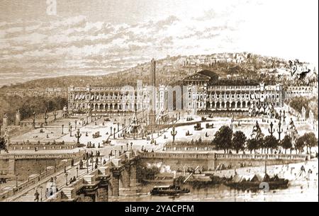 Eine Illustration des Place de Concorde & Montmartre (Paris, Frankreich) aus dem 19. Jahrhundert, dem größten Platz der französischen Hauptstadt. Der Bau begann 1757 und wurde 1772 abgeschlossen. Es war früher ein Ort der Hinrichtung. Der Platz erhielt seinen Namen 1795, wurde aber 1826 wieder zum Platz Ludwig XV. Nach der Juli-Revolution von 1830 nahm es seinen heutigen Namen erneut an.- Illustration du XIXe siècle de la Place de la Concorde et de Montmartre (Paris, Frankreich), la plus grande Place de la capitale francaise. La Construction a commencé en 1757 et s'EST achevée en 1772. Stockfoto