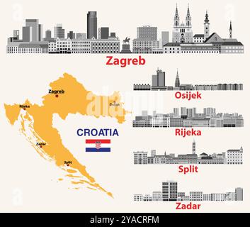 Kroatische Hauptstädte Skylines in Graustufen Farbpalette Vektor Set. Karte und Flagge von Kroatien. Zagreb, Osijek, Zadar, Rijeka, Split-Vektor-Illustration Stock Vektor