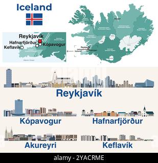 Island Karte und Skylines der wichtigsten Städte Illustrationen. Vektorsatz Stock Vektor