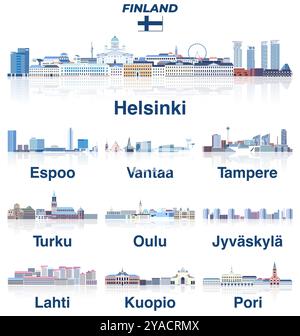 Finnland Hauptstädte Vektor Skylines in sanften kalten Tönen Farbpalette. Kristall- und Feen-Ästhetik-Stil Stock Vektor