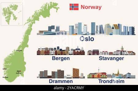 Norwegen Karte mit den wichtigsten Städten darauf. Norwegen Städte Skylines Illustrationen. Vektorsatz Stock Vektor