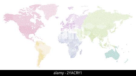 Welt-Stipple-strukturierte Karte farbig nach Kontinenten. Vektorabbildung Stock Vektor