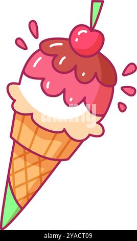 Eine lebendige Eiskugel enthält rosa und weiße Eiskugeln mit einer Kirsche und umgeben von Schokoladennebel, die an eine lustige Süßigkeit erinnern Stock Vektor