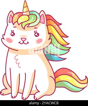 Eine fröhliche Zeichentrickkatze mit einer bunten Regenbogenmähne und einem Einhornhorn sitzt glücklich. Sein verspielter Ausdruck erhellt die Atmosphäre und lädt zum Lächeln ein Stock Vektor