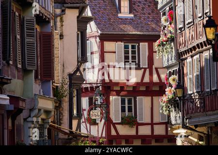 Straßenszenen und Details aus Colmar, Elsass, Frankreich und Europa zeigen die historische und farbenfrohe Natur der Stadt. Stockfoto