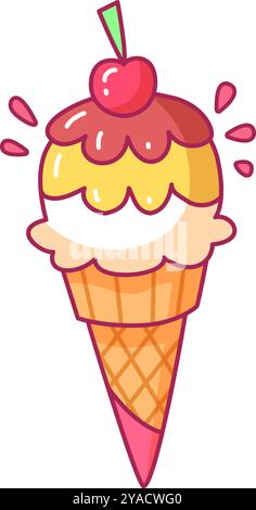 Ein lebendiger Eisbecher mit einer Hochglanzkirsche sitzt in einer Waffelschale. Der weiche Servierteller ist mit leuchtendem Gelb und Braun überzogen und lädt zu einem ein Stock Vektor