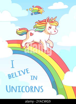 Ein verspieltes Einhorn mit einer Regenbogenmähne spaziert entlang eines leuchtenden Regenbogens unter einem Himmel voller flauschiger Wolken und Sterne, die den Zauber des Glaubens feiern Stock Vektor
