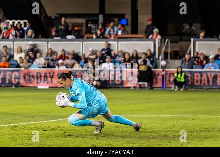 12. Oktober 2024 San Jose, CA USA Bay FC Torhüter Katelyn Rowland (0) schützt die Tore während des NWSL-Spiels zwischen Kansas City Current und Bay FC. Kansas Beat Bay FC 1-0 im Pay PAL Park San Jose Kalifornien Thurman James/CSM Stockfoto