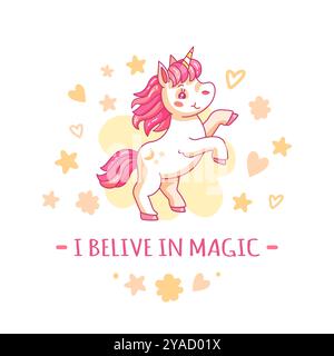 Ein farbenfrohes Einhorn mit rosa Mähne tönt freudig und verkündet seinen Glauben an Magie. Es ist umgeben von Pastellherzen und Sternen, die eine fröhliche Atmosphäre schaffen Stock Vektor