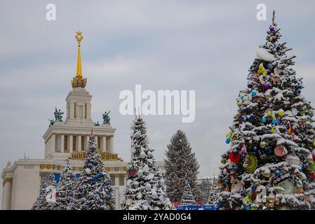 MOSKAU, RUSSLAND - 06. JANUAR 2024: Neujahrsbäume im Hauptpavillon auf dem Territorium der VDNH, Moskau Stockfoto