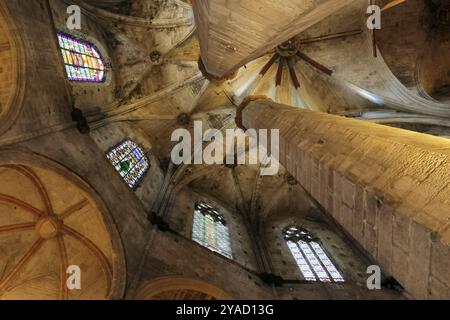 Blick von innen auf das Juwel der katalanischen gotischen Architektur, die Basilika de Santa Maria del Mar, Barcelona, Spanien Stockfoto