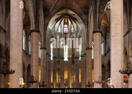 Blick von innen auf das Juwel der katalanischen gotischen Architektur, die Basilika de Santa Maria del Mar, Barcelona, Spanien Stockfoto