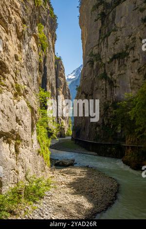 Atemberaubender Blick in die Aareschlucht im Haslital bei Meiringen, Kanton Bern, Schweiz. Aareschlucht ist eine beliebte Touristenattraktion Stockfoto