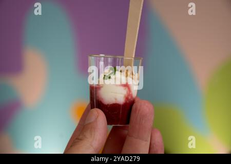 Degustation Appetithäppchen für Besucher, zubereitet von großen Köchen der französischen Haute Cuisine, Sommerweinfestival in Tours, Loire-Tal, Frankreich Stockfoto