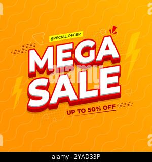 Mega Sale Banner, 3D Text Sale Post Design Vorlage, Special Sale Angebot Web Banner mit minimalem Hintergrund für soziale Medien, Online-Shop oder Website. Stock Vektor